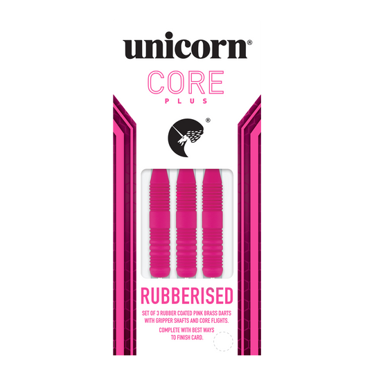 Šipky Unicorn Core Plus pogumované růžové ocelové Das Bild zeigt eine Packung mit drei pinken, gummierten Steeldarts der Marke Unicorn Core Plus. Die Darts haben geriffelte Griffe und werden in einer weiß-pinken Verpackung präsentiert.