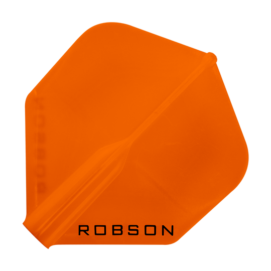 Voli Robson Plus - Standard Das Bild zeigt ein orangefarbenes Dartflight mit der Aufschrift "ROBSON". Das Flight hat eine klassische, standardmäßige Form.