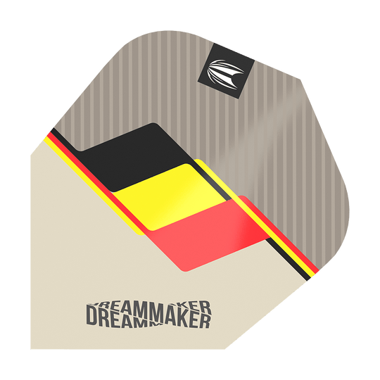 TG78_336510_Target_Pro_Ultra_Dimitri_Van_Den_Bergh_2022_Ten-X_Flights_1 Auf dem Bild ist ein Dart-Flight des Produkts "Target Pro Ultra Dimitri Van Den Bergh TenX" zu sehen. Das Design zeigt die Farben der belgischen Flagge und das Wort "DREAMMAKER".