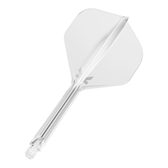 System lotu Target K-Flex No2 Standard – przezroczysty Das Bild zeigt einen klaren Dart-Flight mit integriertem Schaft. Das Design ist schlicht und durchsichtig, mit einem kleinen grauen Logo auf dem Flight.