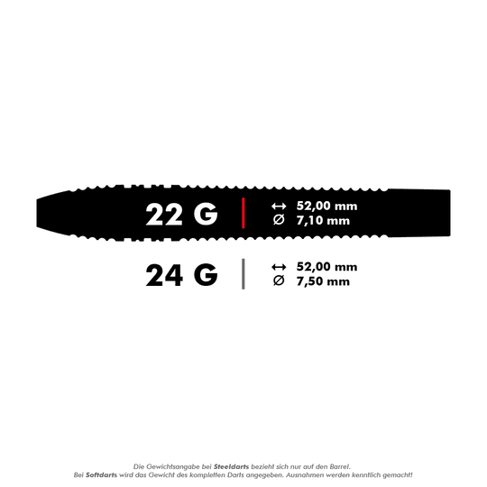 190216_Target_Nathan_Aspinall_Black_Swiss_Point_Steeldarts_5_22g Das Bild zeigt zwei verschiedene Steeldarts mit den Gewichten 22 Gramm und 24 Gramm. Die Längen und Durchmesser sind jeweils 52,00 mm und 7,10 mm für 22 g sowie 52,00 mm und 7,50 mm für 24 g.