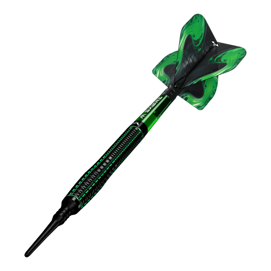 Šipky Mission Venom Softdarts - 20g Das Bild zeigt einen Mission Venom Softdart mit einem Gewicht von 20g. Der Dart ist schwarz und grün gestaltet und hat ein auffälliges Design am Flight.