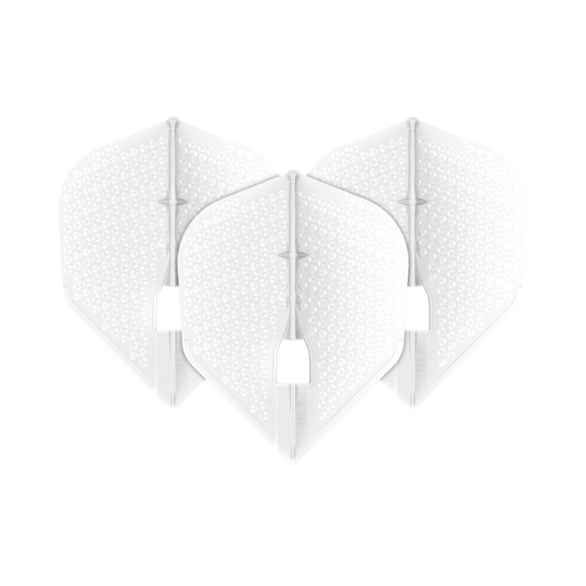 Das Bild zeigt drei weiße Dart-Flights der Marke L-Style in Dimple Champagne L3PRO-Form. Die Flights haben eine strukturierte Oberfläche mit kleinen Vertiefungen.