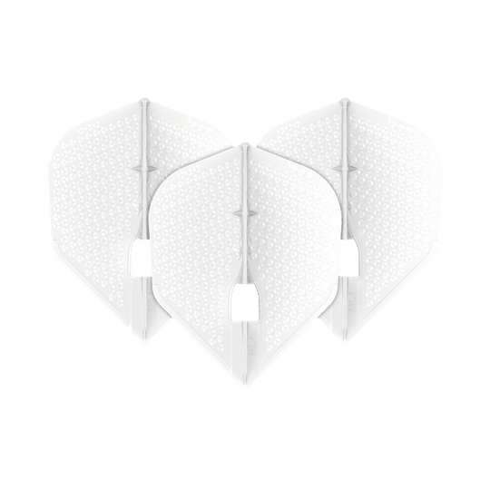 L-Style Flights Dimple Champagne L3PRO Shape Das Bild zeigt drei weiße Dart-Flights der Marke L-Style in Dimple Champagne L3PRO-Form. Die Flights haben eine strukturierte Oberfläche mit kleinen Vertiefungen.