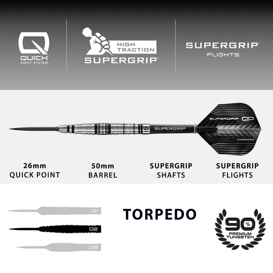Dardos de acero Harrows Supergrip Torpedo Quick Point Dieses Bild zeigt die Harrows Supergrip Torpedo Quick Point Steeldarts. Der Artikel ist in Nahaufnahme zu sehen.