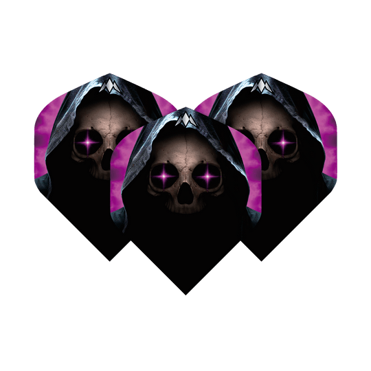 Standardní lety Mise Solo Phantom No2 Das Bild zeigt drei Dart-Flights mit einem Totenkopf in einer dunklen Kapuze und leuchtenden lila Augen. Der Hintergrund ist schwarz mit lila Akzenten.
