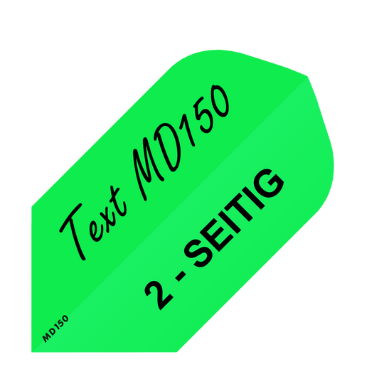 MD-253_2-Seitig_Bedruckte_Flights_Wunschtext_MD150_Neongr-n_Slim_1 10 Satz Bedruckte Flights 2-Seitig - Wunschtext - MD150 Slim. Die Flights sind als Stapel dargestellt.