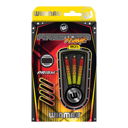 Dardos de acero paralelos de llamas de tormenta de fuego Winmau Das Bild zeigt die Verpackung der Winmau Firestorm Flame Parallel Steeldarts. Die Darts haben ein auffälliges Flammendesign und bestehen zu 90% aus Tungsten.