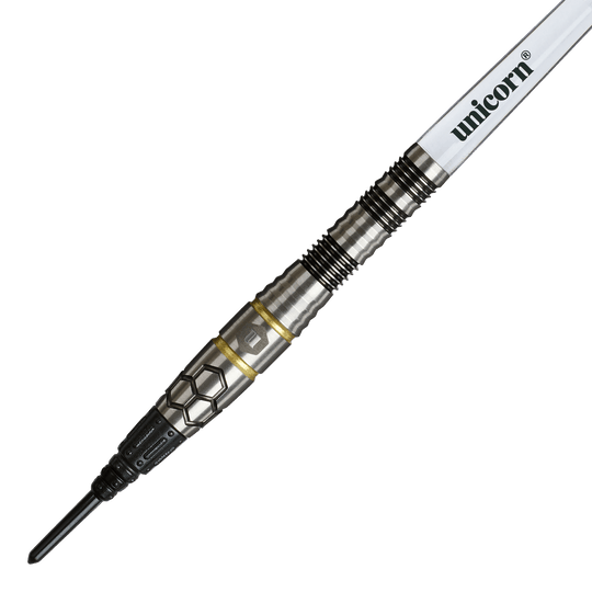 Unicorn Hexium Style 01 Black & Gold Softdarts - 22g ist ein eleganter Softdart in Schwarz und Gold. Das Produkt eignet sich ideal für Präzisionswürfe beim Dartspiel.