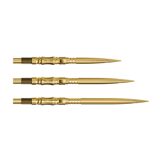 Harrows Quick Point Axis Elite Series Dartspitzen - Gold Die Harrows Quick Point Axis Elite Series Dartspitzen in Gold sind auf dem Bild zu sehen. Mehrere goldene Dartspitzen liegen nebeneinander.