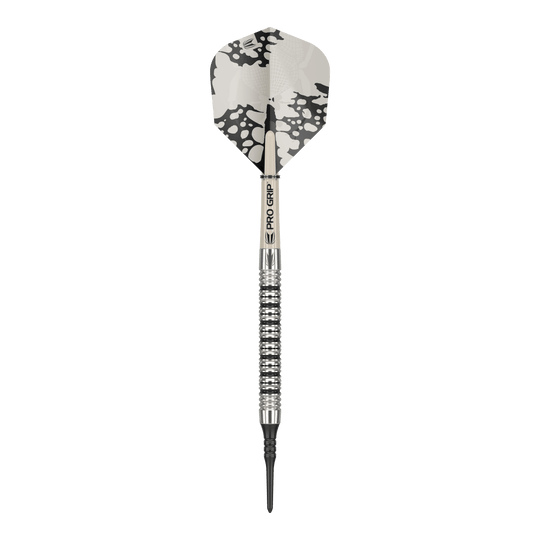 Freccette morbide Target EXO 11 Dies ist ein Softdart des Modells "Target EXO 11". Er hat ein silbernes Barrel mit Rillen und ein Flight mit schwarz-weißem Muster.