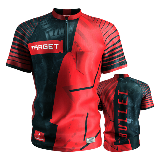 Maillot de fléchettes Target Coolplay Stephen Bunting 2025 Das Bild zeigt das "Target Coolplay Stephen Bunting 2025 Dartshirt" in auffälligem Rot und Schwarz. Auf der Vorderseite steht "TARGET" und auf der Rückseite ist groß "BULLET" zu lesen.