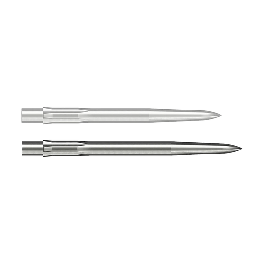 Pointes de fléchettes en acier Caliburn System - Lisses - Argent Auf dem Bild sind zwei glatte, silberne Steeldartspitzen zu sehen. Sie liegen parallel nebeneinander auf weißem Hintergrund.
