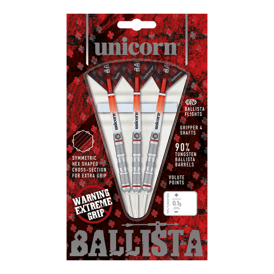 Dardos de acero estilo Ballista Unicorn 2 Das Bild zeigt eine Packung "Unicorn Ballista Style 2 Steeldarts" mit drei Darts. Die Verpackung hebt den extremen Grip und den 90%igen Tungsten-Anteil der Barrels hervor.