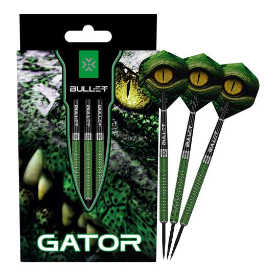 Ocelové šipky Bullet Gator Das Bild zeigt die Bullet Gator Steeldarts. Es handelt sich um Steeldarts für den Präzisions-Dartsport.