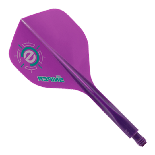 Condor Axe 120 Connor Scutt Sniper Purple Flight-System - Standard Das Bild zeigt ein lila Dart-Flightsystem mit der Aufschrift "Sniper". Es handelt sich um das Modell "Condor Axe 120 Connor Scutt Sniper Purple Flight-System - Standard".