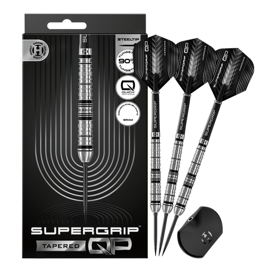 Fléchettes en acier Harrows Supergrip à pointe rapide conique Abgebildet sind die Harrows Supergrip QP Tapered Quick Point Steeldarts. Es handelt sich um hochwertige Steeldarts für präzises Dartspiel.