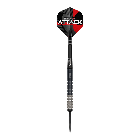 Dies ist das Produkt Red Dragon Rob Owen Stack Attack Steedarts - 22g. Zu sehen sind Steeldarts mit dem entsprechenden Markennamen.