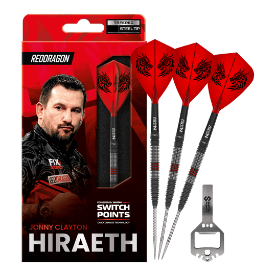 Zu sehen sind Red Dragon Jonny Clayton Hireath Switch Point Steeldarts. Sie haben eine markante Optik und sind ideal für Dartspieler geeignet.