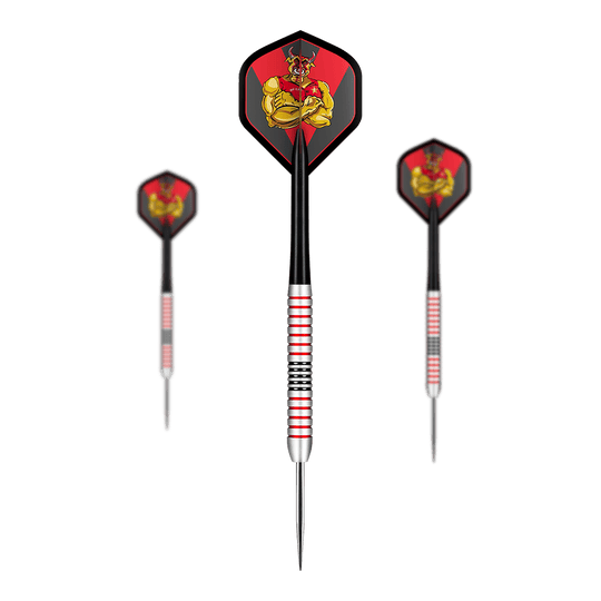 Shot Michael Smith Plated Brass Steeldarts - 24g Das Bild zeigt drei Steeldarts mit silbernen und roten Rillen sowie schwarzen Schäften. Auf den Flights ist eine Grafik mit einer gelben Figur auf rotem Hintergrund abgebildet.