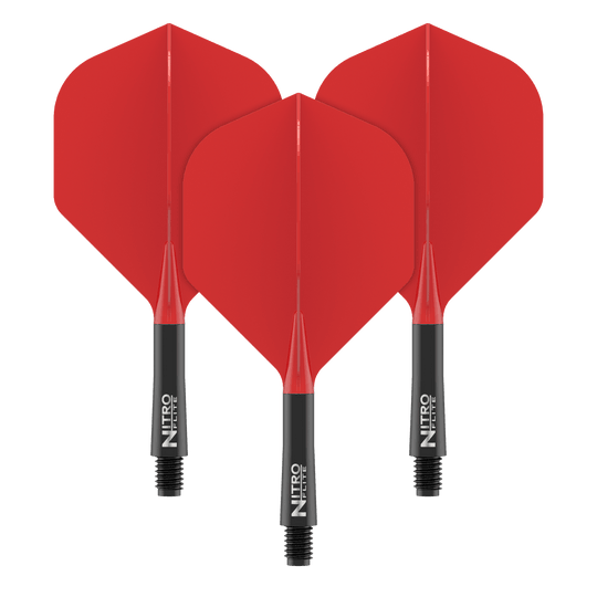 Red Dragon Nitroflite - Black Shaft Red No2 Flights Abgebildet ist ein weiterer Nitro-Flite in Schwarz und Rot, Short Größe, 22 mm. Das Produkt wird aus einer anderen Perspektive dargestellt.