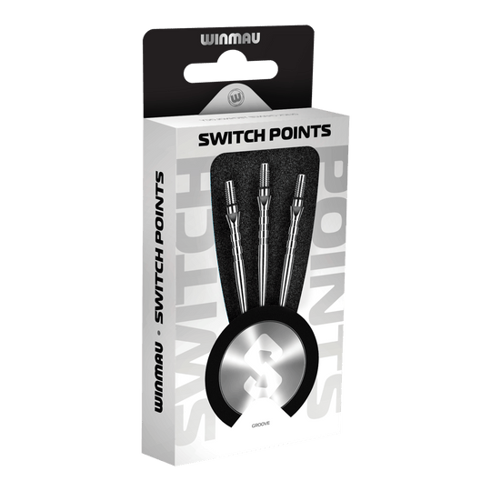 Das Bild zeigt Winmau Switch Point Groove Steeldartspitzen im Silver Effect. Die Dartspitzen besitzen Rillen und eine silberne Oberfläche.
