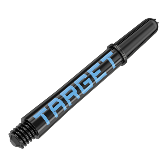 Aste Target Pro Grip TAG - 3 set - Nero Blu Dies ist ein schwarzer Dart-Schaft mit blauer Schrift. Auf dem Schaft steht das Wort "TARGET".