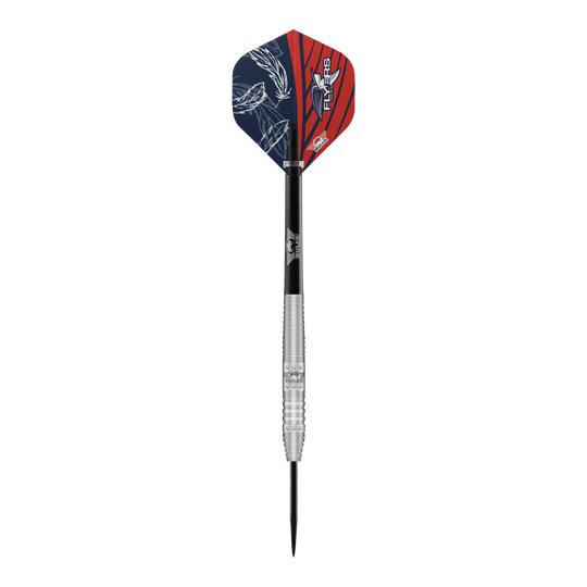 Bulls NL Richard Veenstra 80 Steeldarts - 23g Das Bild zeigt einen Steeldartpfeil namens "Bulls NL Richard Veenstra 80 Steeldarts - 23g". Der Dart hat eine silberne, gerillte Spitze und bunte Flights in Blau und Rot mit weißen Mustern.