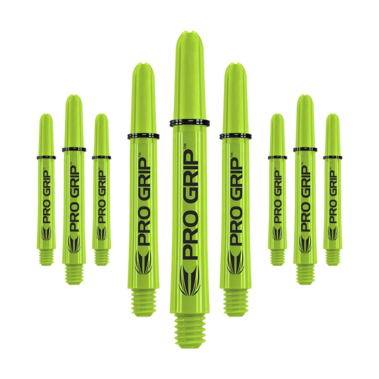 Target Pro Grip Shafts - 3 Sets - Lime Green Auf dem Bild sind neun limegrüne Dart-Schäfte mit der Aufschrift "PRO GRIP" zu sehen. Sie stehen aufrecht und sind gleichmäßig angeordnet.