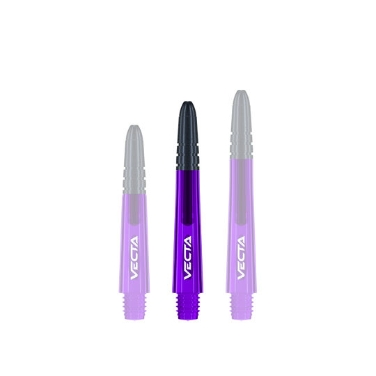 Winmau Vecta Shafts - Lila Schwarz Das Bild zeigt drei lila und schwarze Dartschäfte der Marke Vecta. Sie sind nebeneinander aufgereiht und haben unterschiedliche Längen.