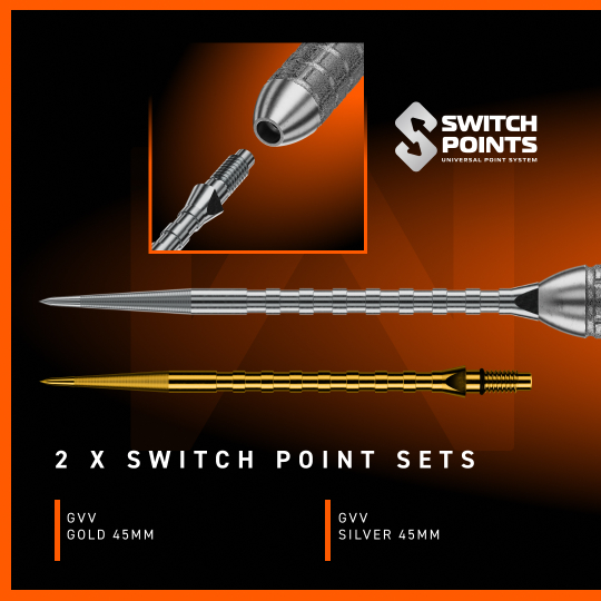 Winmau Gian Van Veen W-MAX Switch Point Steeldarts werden im Bild präsentiert. Die Darts sind klar und deutlich zu erkennen.