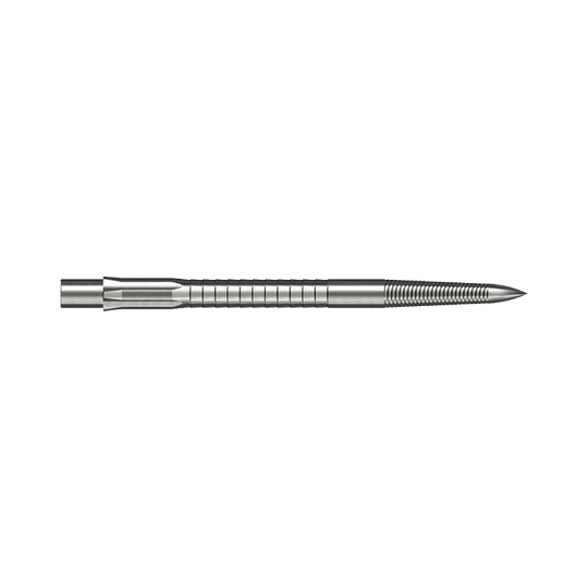 Die Abbildung zeigt eine Caliburn Evo System Steeldartspitze Micro Grip in Silber mit 36 mm Länge. Die Spitze ist detailliert und auf weißem Hintergrund dargestellt.