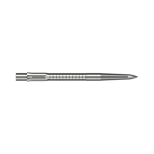 Caliburn System Steel Dart Tips - Micro Grip - Silver Die Abbildung zeigt eine Caliburn Evo System Steeldartspitze Micro Grip in Silber mit 36 mm Länge. Die Spitze ist detailliert und auf weißem Hintergrund dargestellt.