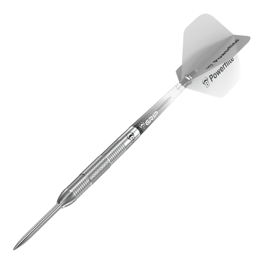 Bulls Challenger Sascha Stuhlemmer Steeldarts - 23g Das Bild zeigt einen Bulls Challenger Sascha Stuhlemmer Steeldart mit einem Gewicht von 23g. Der Dartpfeil ist silberfarben und hat eine strukturierte Griffzone sowie weiße Flights.