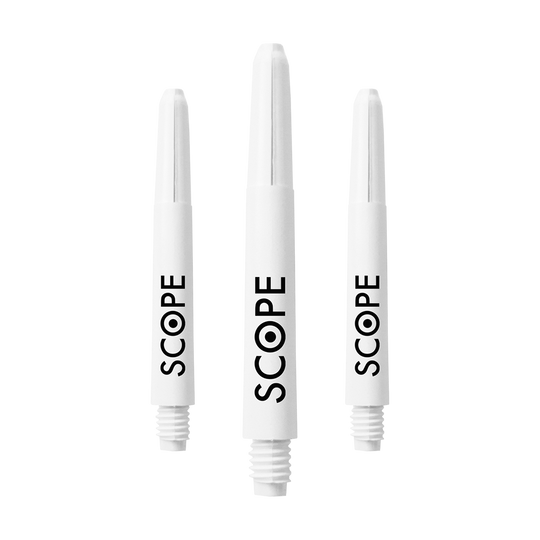 526_McDart_Scope_Nylon_Shafts_Weiss_41mm_1PKEltwui3ubyw Das Bild zeigt drei weiße McDart Scope Nylon Shafts. Auf jedem Shaft steht das Wort "SCOPE" in schwarzer Schrift.