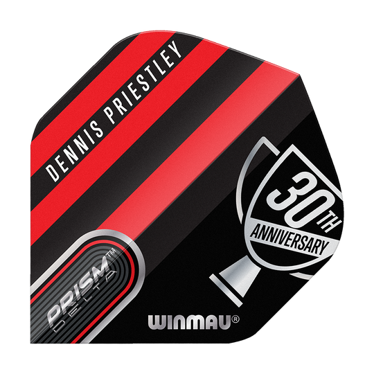 Voli standard Winmau Prism Delta Dennis Priestley Diamond 3-Zero No2 Das Bild zeigt ein Dart-Flight mit dem Namen "Dennis Priestley" und einem schwarz-roten Design. Auf dem Flight steht zudem "30th Anniversary" und "Winmau Prism Delta".