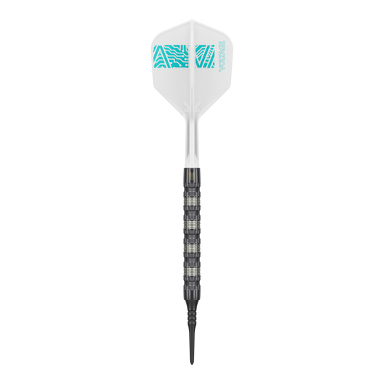 Dardos Target Rob Cross 95K Swiss Point Soft - 18 g Der Target Rob Cross 95K Swiss Point Softdart wiegt 18 Gramm und hat ein auffälliges, strukturiertes Barrel. Die Flight ist weiß mit türkisfarbenem Muster und der Aufschrift "VOLTAGE".