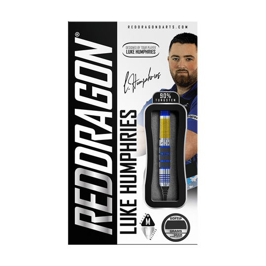 RD2402_Red_Dragon_Luke_Humphries_2021_Softdarts_3 Auf dem Bild ist die Verpackung der "Red Dragon Luke Humphries Softdarts - 20g" zu sehen. Die Darts bestehen aus 90% Tungsten und wurden vom Spieler Luke Humphries designt.