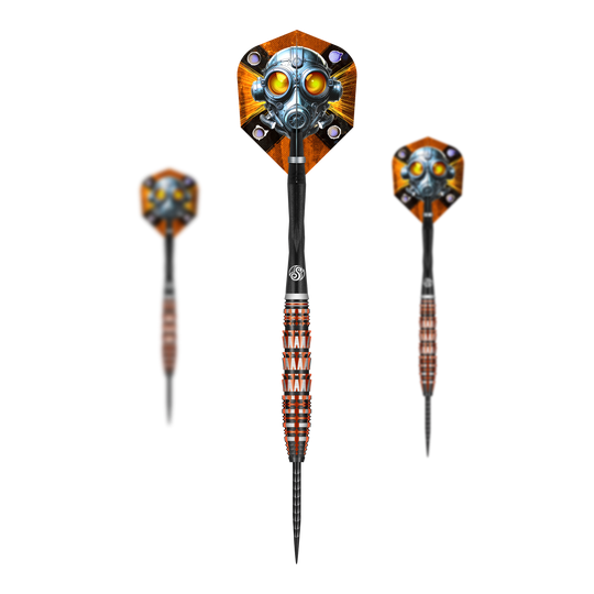 Dies ist ein Bild der Shot Badlands Rustin Steeldarts - 23g. Das Produkt ist als Set abgebildet.