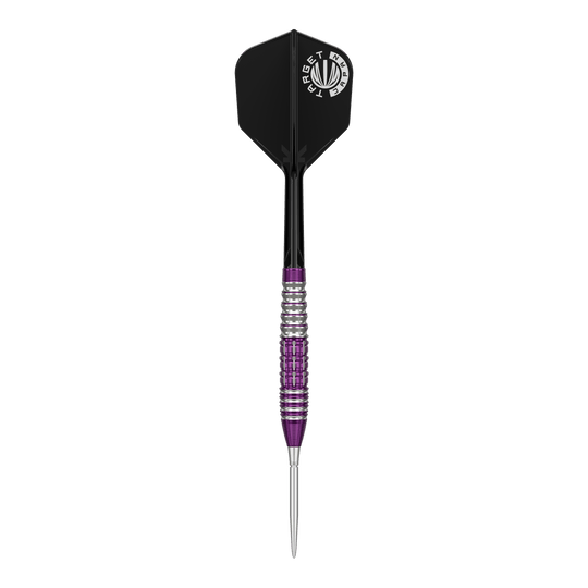 Fléchettes en acier Target Japan Prime Series Tung Suk Zenith GEN1 Swiss Point - 23 g Das Bild zeigt einen Steeldartpfeil aus der Target Japan Prime Series mit silber-lila geriffeltem Barrel und schwarzer Flight. Auf dem Flight ist ein weißes Logo mit der Aufschrift "TARGET JAPAN" zu sehen.