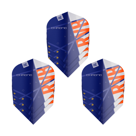 Target Pro Ultra Raymond Van Barneveld Chrono No6 Flights - 3 Sets Das Bild zeigt drei Sätze von Target Pro Ultra Raymond Van Barneveld Chrono No6 Flights für Darts. Die Flights sind hauptsächlich blau mit orange-weißen Akzenten und geometrischem Design.