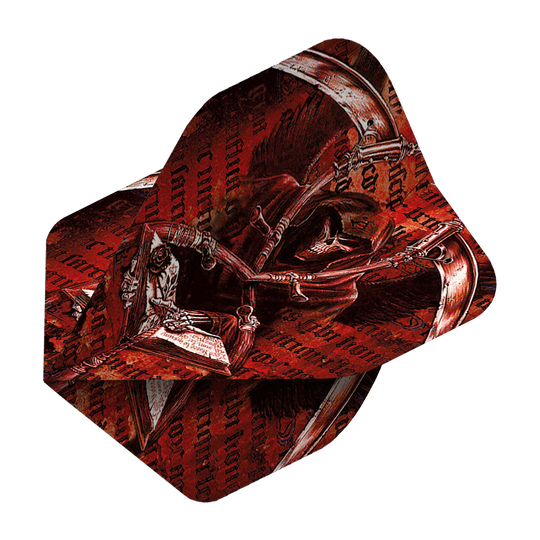 ALC3_Alchemy_Day_Of_Reckoning_Standard_Flights_2 Das Bild zeigt das Produkt "Alchemy Day Of Reckoning No2 Standard Flights". Das Design ist dunkelrot mit einem Sensenmann und gotischen Schriftzügen.