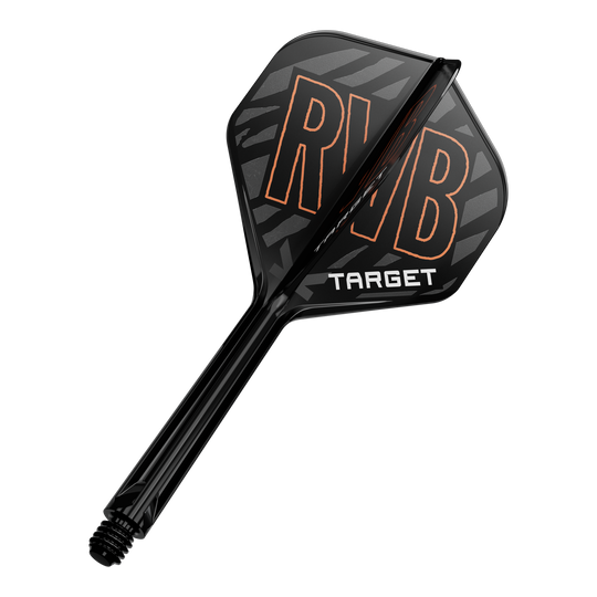 Auf dem Bild ist ein schwarzer Dartflight mit der Aufschrift „RVB“ in orange und „TARGET“ in weiß zu sehen. Der Schaft des Darts ist ebenfalls schwarz und hat eine glänzende Oberfläche.