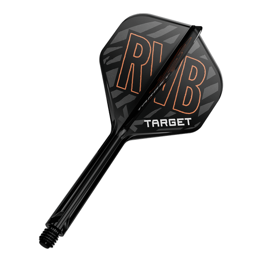 Target K-Flex Raymond Van Barneveld No2 Standardowy system wału napędowego Auf dem Bild ist ein schwarzer Dartflight mit der Aufschrift „RVB“ in orange und „TARGET“ in weiß zu sehen. Der Schaft des Darts ist ebenfalls schwarz und hat eine glänzende Oberfläche.