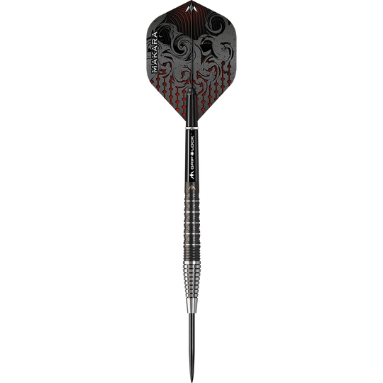 Mission Makara M2 Steeldarts - 23g Das Bild zeigt einen Mission Makara M2 Steeldart mit einem Gewicht von 23 Gramm. Der Dart hat ein auffälliges Design mit schwarzen und roten Verzierungen auf dem Flight.