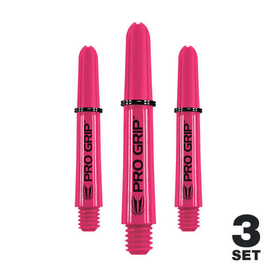 Target Pro Grip Shafts - 3 Sets - Pink Das Bild zeigt drei pinke Pro Grip Shafts für Dartpfeile. In der rechten unteren Ecke steht "3 Set".