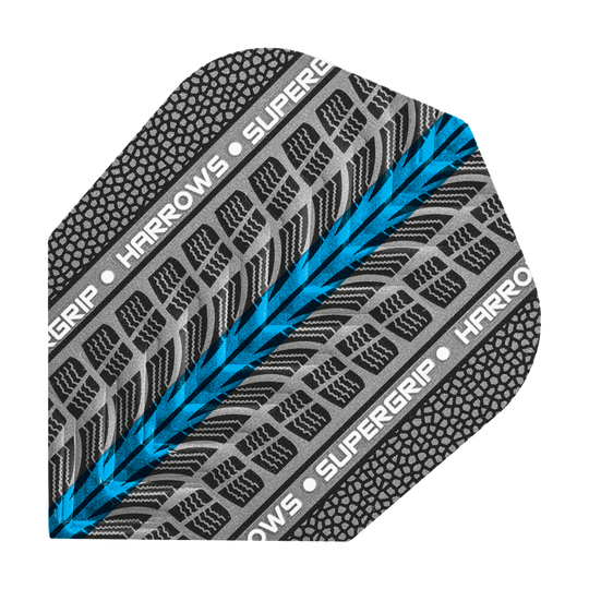 HR75_Harrows_Supergrip_Blau_No6_Flights_1 Das Bild zeigt ein Dart-Flight mit dem Namen "Harrows Supergrip Blau No6 Flights". Das Design besteht aus einem schwarzen und grauen Muster mit einem blauen Streifen und weißen Schriftzügen.