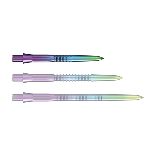 Puntas de dardos Mission Caliburn EVO GV1 - Arcoíris Gezeigt wird eine einzelne Steeldartspitze mit Rainbow-Effekt. Die Oberfläche schimmert in verschiedenen Farbtönen.