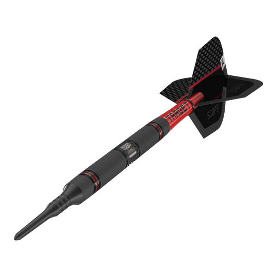 Target Scope 10 Softdarts Das Bild zeigt einen modernen Softdart mit dem Namen "Target Scope 10 Softdarts". Der Dart ist schwarz und rot gestaltet und hat eine auffällige, strukturierte Oberfläche sowie eine schwarze Flight.