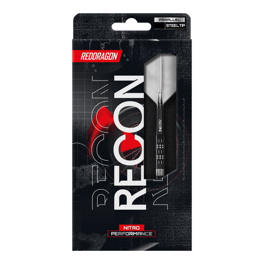 Das Bild zeigt die Red Dragon Recon Parallel Steeldarts. Die Darts sind für Präzision und Leistung konzipiert.